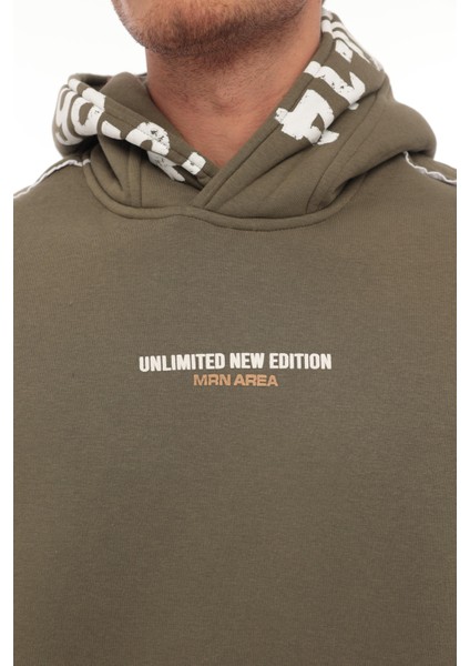 Haki Kapüşon Baskılı Üç Iplik Oversize Sweatshirt- 2440