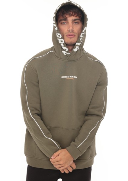 Haki Kapüşon Baskılı Üç Iplik Oversize Sweatshirt- 2440
