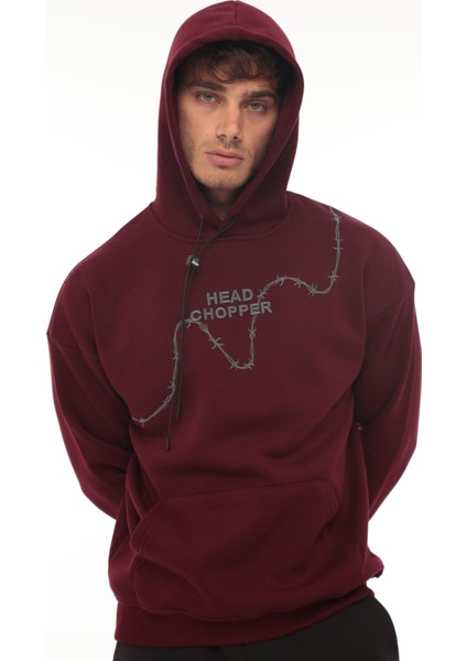 Bordo Üç İplik Head Chopper Nakışlı Oversize Kapşonlu Sweatshirt- 2319