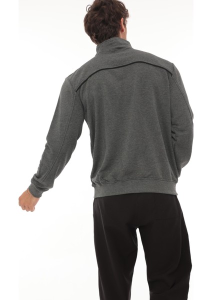 Antrasit Üç İplik Fermuarlı Nakış Detaylı Regular Fit Sweatshirt- 2327