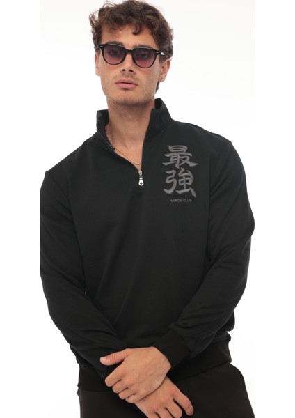 Siyah Üç İplik Fermuarlı Nakış Detaylı Regular Fit Sweatshirt- 2327