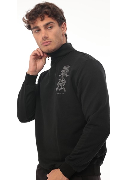 Siyah Üç İplik Fermuarlı Nakış Detaylı Regular Fit Sweatshirt- 2327