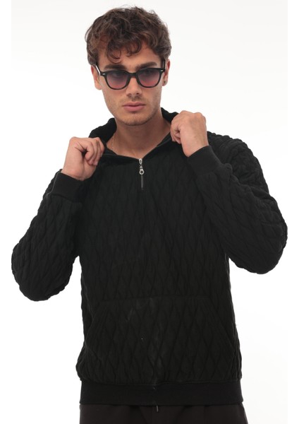 Siyah Kapitone Detaylı Yarım Fermuarlı Regular Fit Sweatshirt- 2326