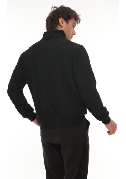 Siyah Kapitone Detaylı Yarım Fermuarlı Regular Fit Sweatshirt- 2326