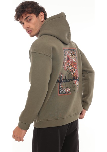 Haki Sırtı Etnik Baskılı Kapüşonlu Üç Iplik Oversize SWEATSHIRT-2438 indirimleri