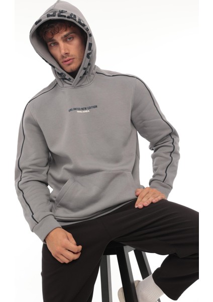 Füme Kapüşon Baskılı Üç Iplik Oversize Sweatshirt- 2440