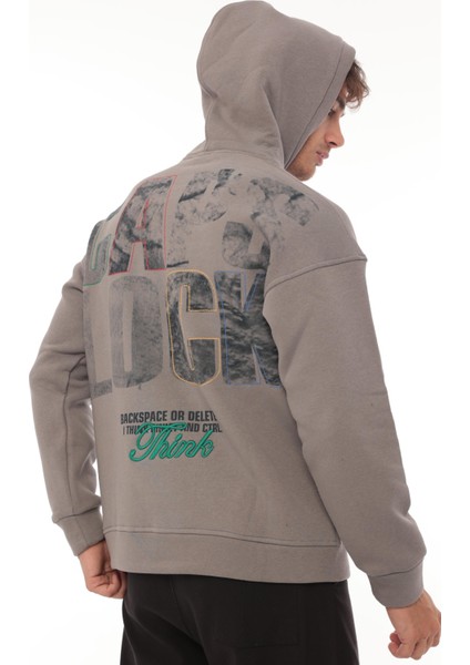 Füme Sırtı Baskılı Kapüşonlu Üç Iplik Oversize Sweatshirt- 2441