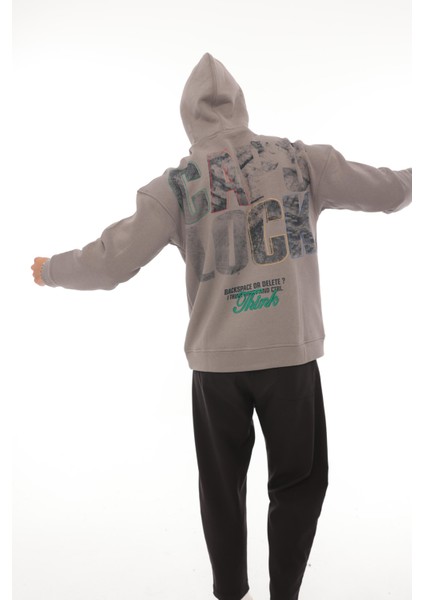 Füme Sırtı Baskılı Kapüşonlu Üç Iplik Oversize Sweatshirt- 2441 fiyatları