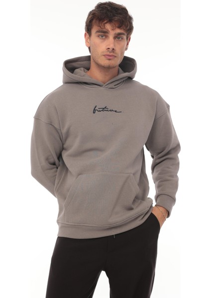Füme Sırtı Baskılı Kapüşonlu Üç Iplik Oversize Sweatshirt- 2441 modelleri