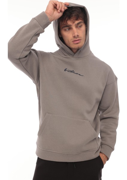 Füme Sırtı Baskılı Kapüşonlu Üç Iplik Oversize Sweatshirt- 2441 fırsatları