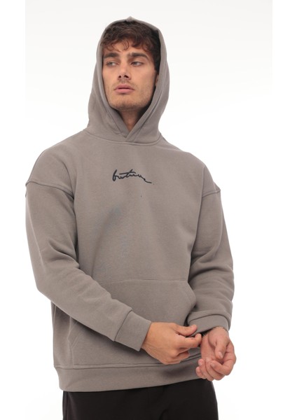 Füme Sırtı Baskılı Kapüşonlu Üç Iplik Oversize Sweatshirt- 2441 indirimleri