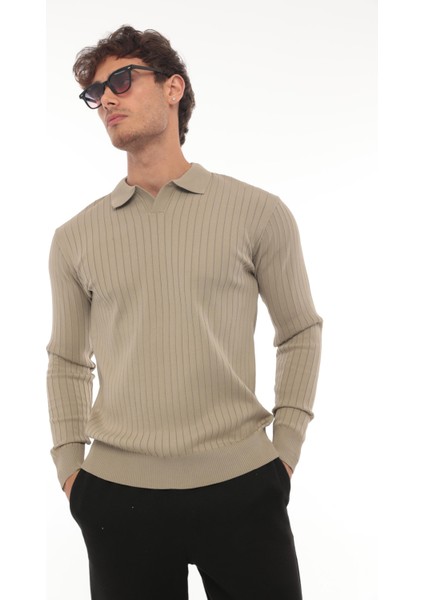 Bej Polo Yaka Triko Kazak Erkekler İçin Normal Kalıp Günlük Stil fırsatları