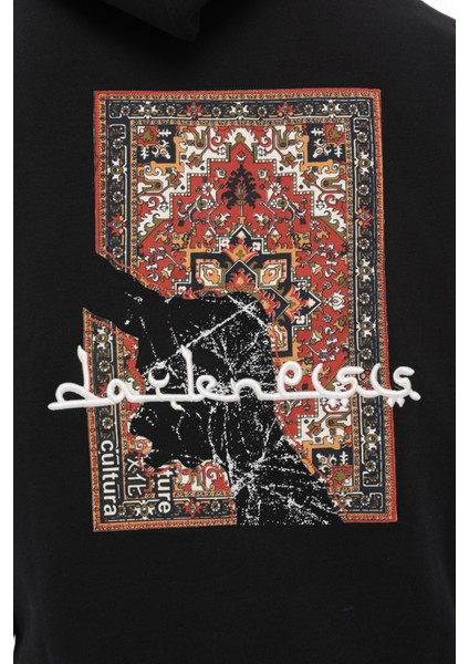 Lacivert Sırtı Etnik Baskılı Kapüşonlu Üç Iplik Oversize SWEATSHIRT-2438