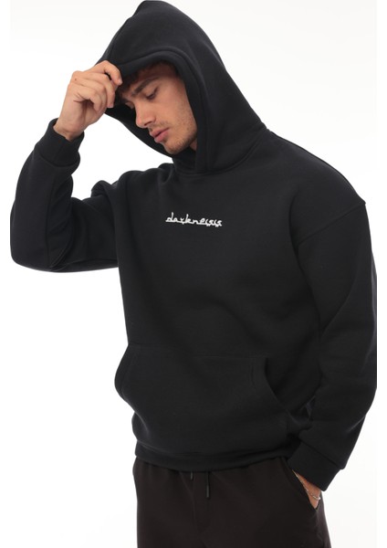 Lacivert Sırtı Etnik Baskılı Kapüşonlu Üç Iplik Oversize SWEATSHIRT-2438