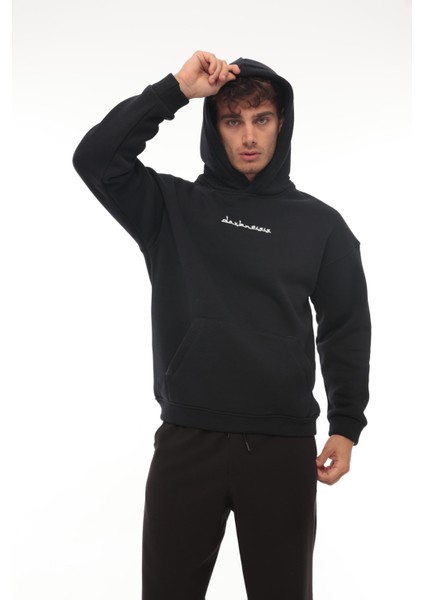 Lacivert Sırtı Etnik Baskılı Kapüşonlu Üç Iplik Oversize SWEATSHIRT-2438