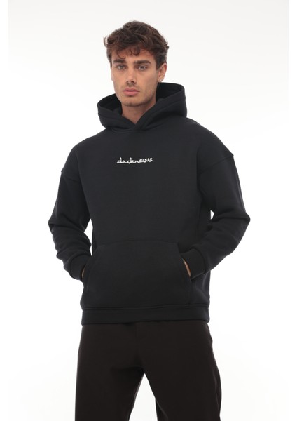 Lacivert Sırtı Etnik Baskılı Kapüşonlu Üç Iplik Oversize SWEATSHIRT-2438