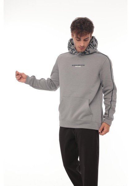 Füme Kapüşon Baskılı Üç Iplik Oversize Sweatshirt- 2440