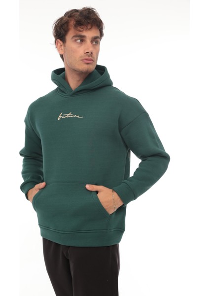 Nefti Sırtı Baskılı Kapüşonlu Üç Iplik Oversize Sweatshirt- 2441