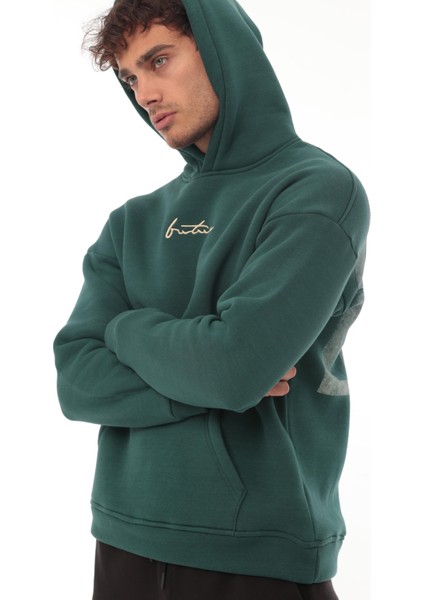 Nefti Sırtı Baskılı Kapüşonlu Üç Iplik Oversize Sweatshirt- 2441