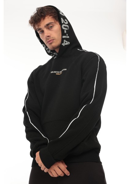 Siyah Kapüşon Baskılı Üç Iplik Oversize Sweatshirt- 2440