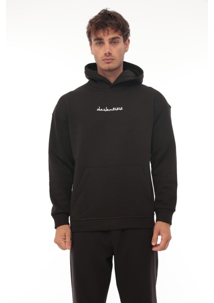Siyah Sırtı Etnik Baskılı Kapüşonlu Üç Iplik Oversize SWEATSHIRT-2438