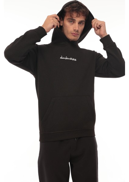 Siyah Sırtı Etnik Baskılı Kapüşonlu Üç Iplik Oversize SWEATSHIRT-2438
