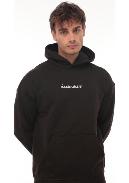 Siyah Sırtı Etnik Baskılı Kapüşonlu Üç Iplik Oversize SWEATSHIRT-2438