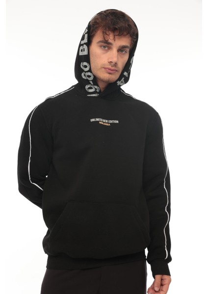 Siyah Kapüşon Baskılı Üç Iplik Oversize Sweatshirt- 2440