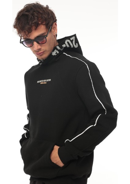 Siyah Kapüşon Baskılı Üç Iplik Oversize Sweatshirt- 2440