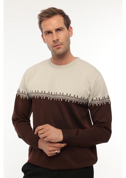 Bej Kahverengi Iki Renk Desenli Bisiklet Yaka Triko Kazak- 2447