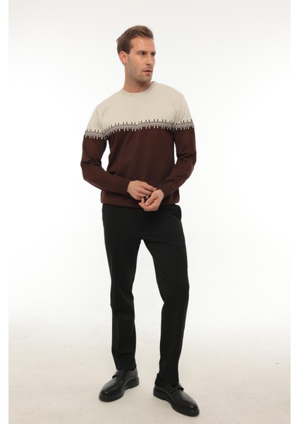 Bej Kahverengi Iki Renk Desenli Bisiklet Yaka Triko Kazak- 2447 fiyatları