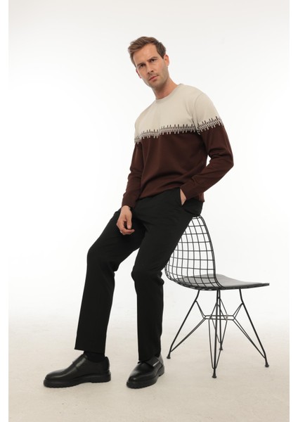 Bej Kahverengi Iki Renk Desenli Bisiklet Yaka Triko Kazak- 2447 indirimleri