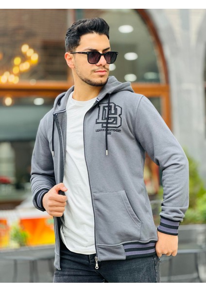 Füme Unisex Nakışlı Üç Iplik Kapşonlu Tam Fermuarlı Regular Fit Hırka