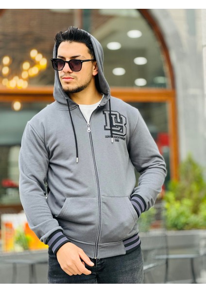 Füme Unisex Nakışlı Üç Iplik Kapşonlu Tam Fermuarlı Regular Fit Hırka