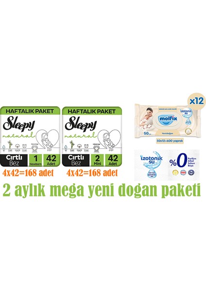 Natural 2 Aylık Mega Fırsat Paketi 1 Numara Newborn Bebek Bezi 168 Adet ve 2 Numara Mini Bebek Bezi 168 Adet Molfix Izotonik Sulu Islak Mendil Yenidoğan 600 Adet