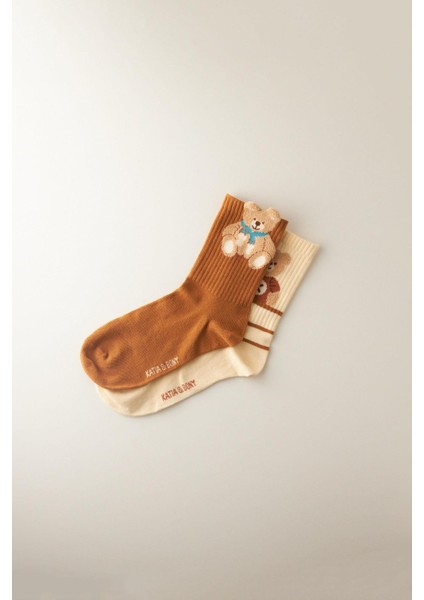Kadın Teddy Bear Desenli 2'li Soket Çorap Ekru- Kahverengi