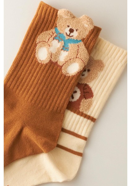 Kadın Teddy Bear Desenli 2'li Soket Çorap Ekru- Kahverengi fiyatları