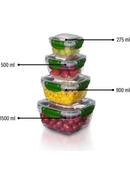 4'lü Set Master Kare Saklama Kabı (275 ml - 500 ml - 900 ml - 1500 Ml)