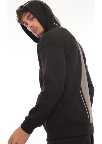 Siyah Sırt Şeritli Kapüşonlu Üç Iplik Oversize SWEATSHIRT-2437