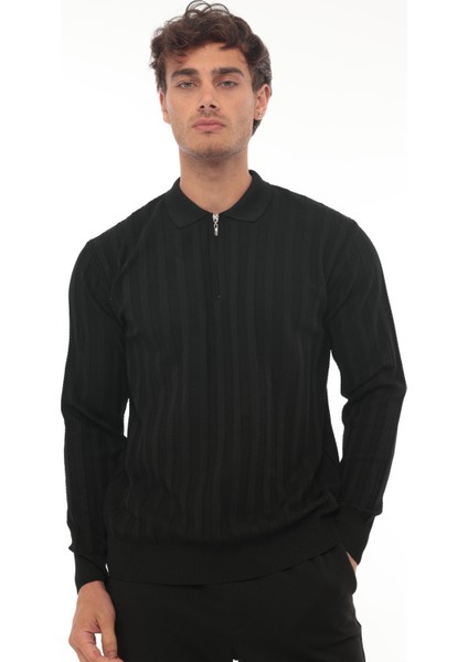 Siyah Petek Dokulu Fitilli Polo Yaka Triko Kazak- 2445