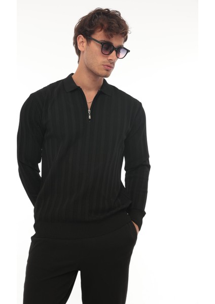 Siyah Petek Dokulu Fitilli Polo Yaka Triko Kazak- 2445 fiyatları