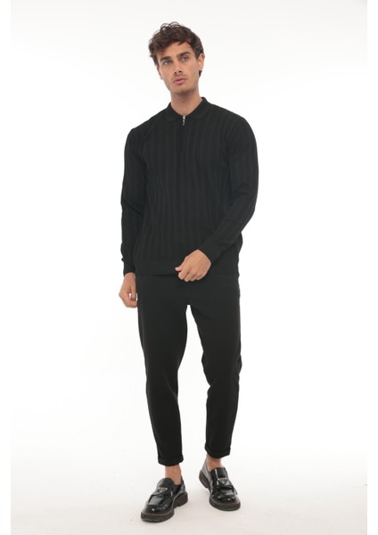 Siyah Petek Dokulu Fitilli Polo Yaka Triko Kazak- 2445 modelleri