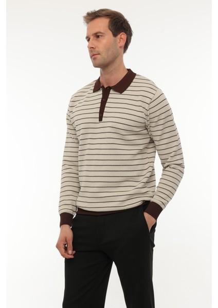 Bej Düğme Detaylı Çizgili Polo Yaka Triko Kazak -2446