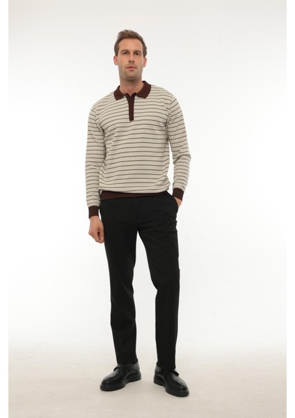 Bej Düğme Detaylı Çizgili Polo Yaka Triko Kazak -2446 fiyatları