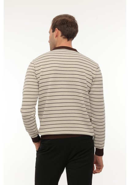 Bej Düğme Detaylı Çizgili Polo Yaka Triko Kazak -2446 modelleri