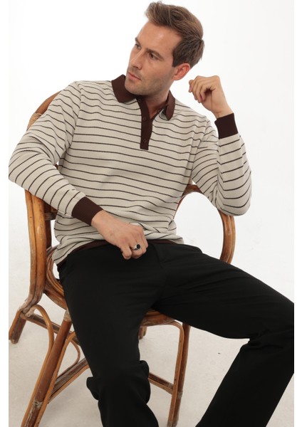 Bej Düğme Detaylı Çizgili Polo Yaka Triko Kazak -2446 fırsatları