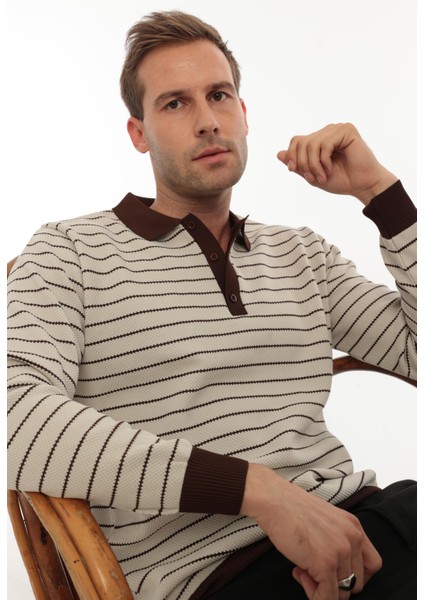 Bej Düğme Detaylı Çizgili Polo Yaka Triko Kazak -2446 indirimleri
