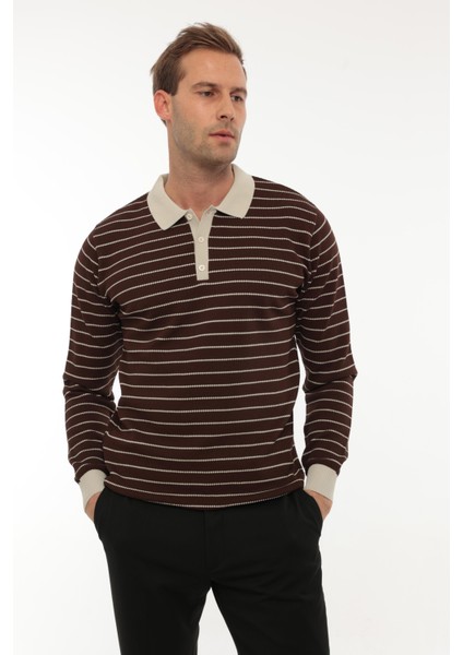 Kahverengi Düğme Detaylı Çizgili Polo Yaka Triko Kazak -2446