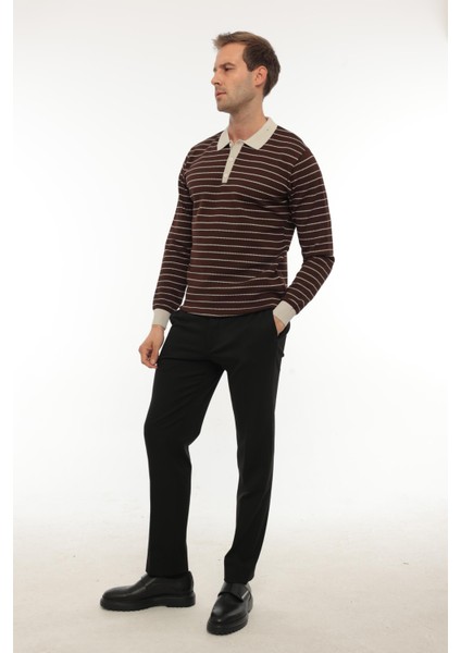 Kahverengi Düğme Detaylı Çizgili Polo Yaka Triko Kazak -2446 fiyatları