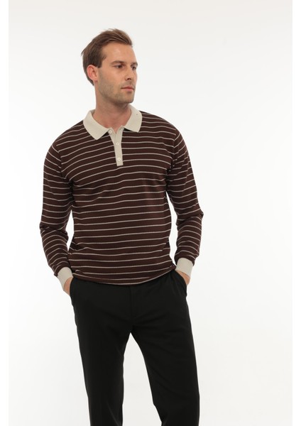 Kahverengi Düğme Detaylı Çizgili Polo Yaka Triko Kazak -2446 modelleri